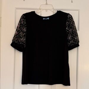 Black Top with Floral Lace Sleeves